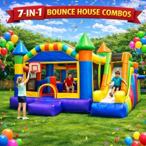 7-in-1 activity castle inflatable with slide and obstacles for events in Aurora, IL