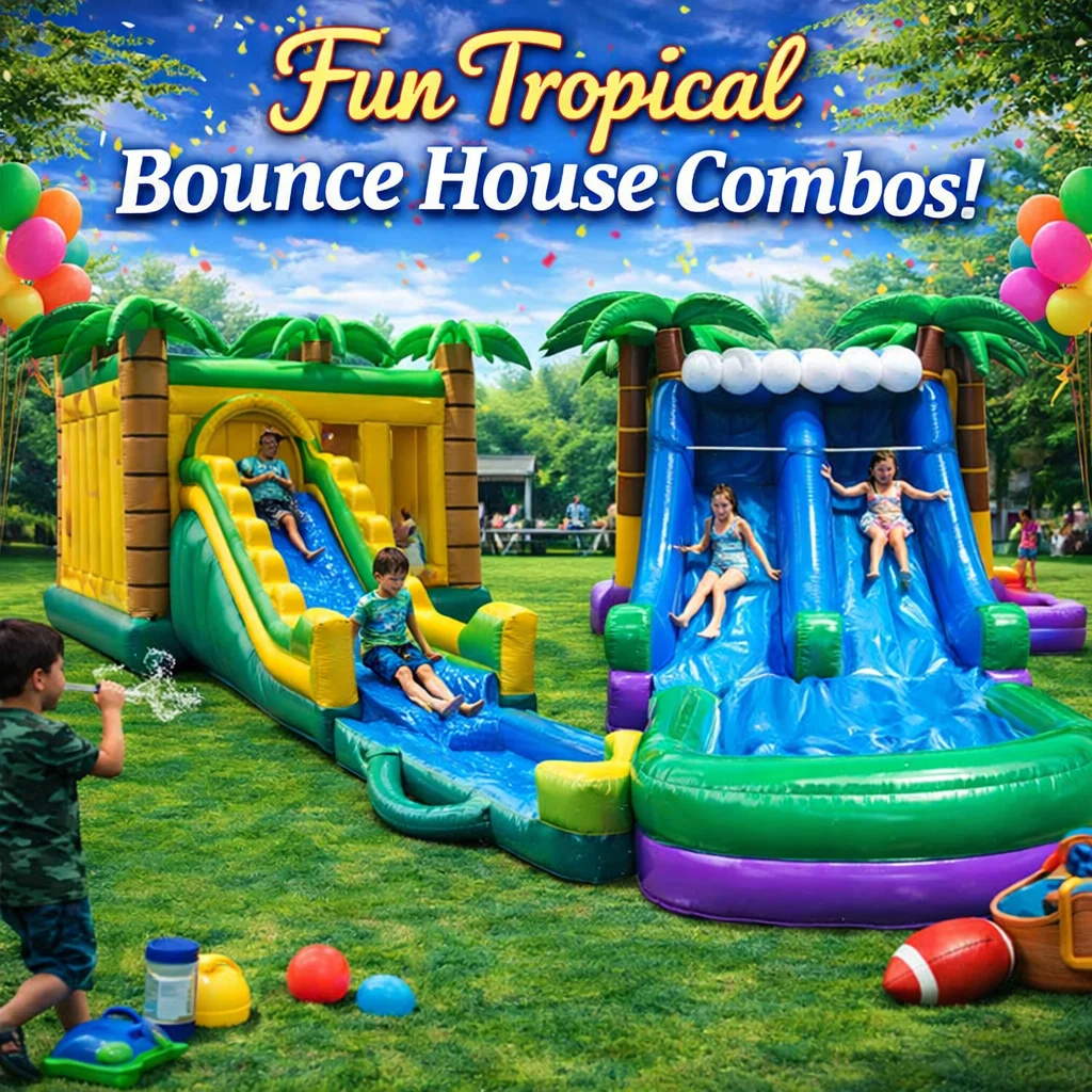 Tropical palm tree jump and water slide inflatable for summer events in Aurora, Illinois