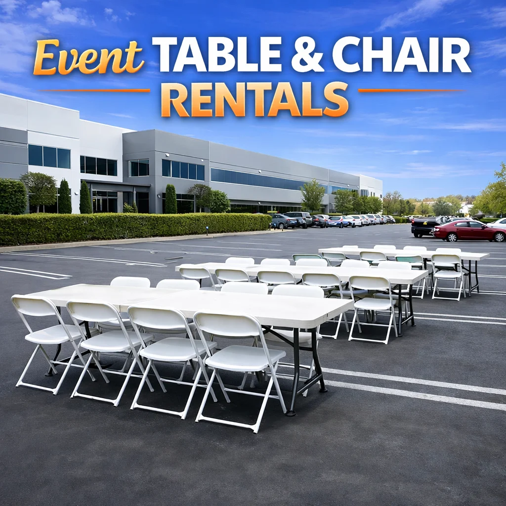 White tables and folding chairs arranged for an outdoor party in Aurora, IL