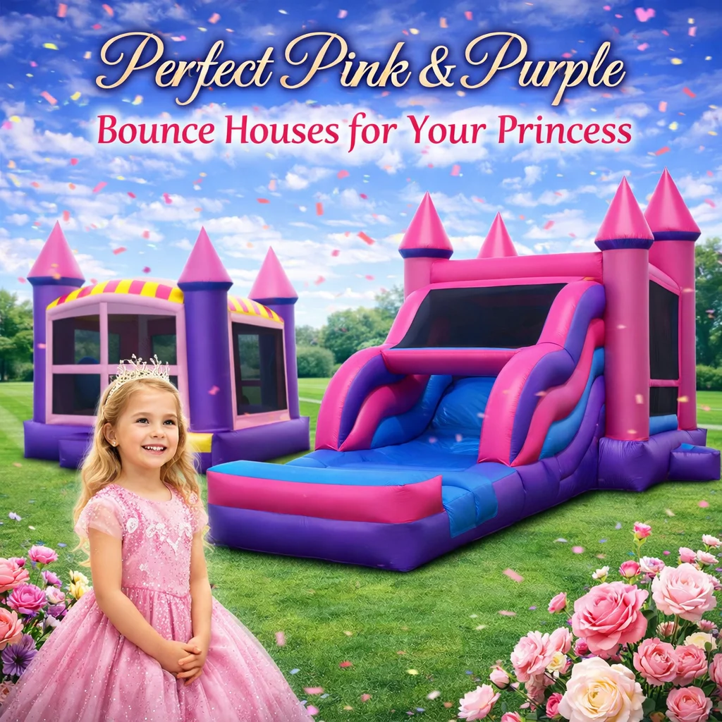 Pink and purple inflatable castle bounce house rental in Aurora, Illinois