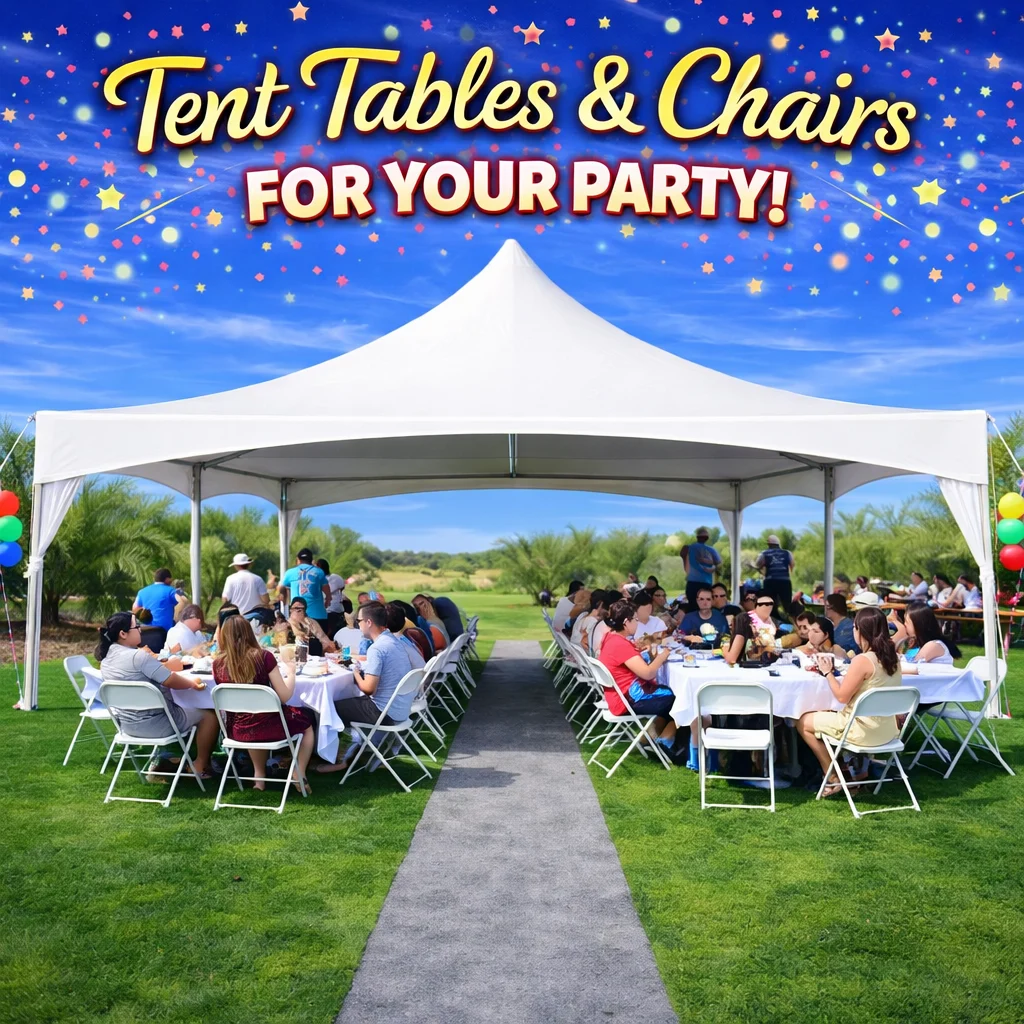 Party tent with tables and chairs set up for an outdoor event in Aurora, Illinois