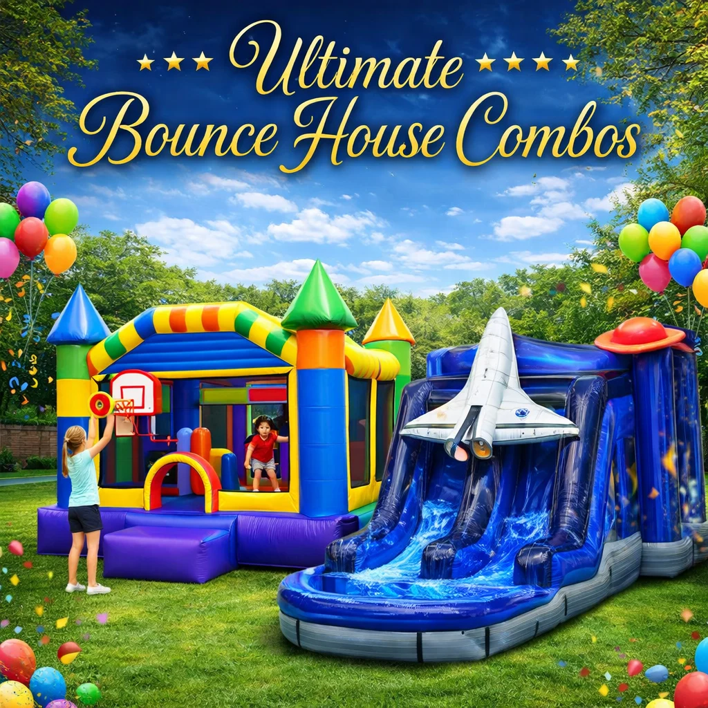 Double-lane inflatable slide with bounce area for Aurora, IL block parties