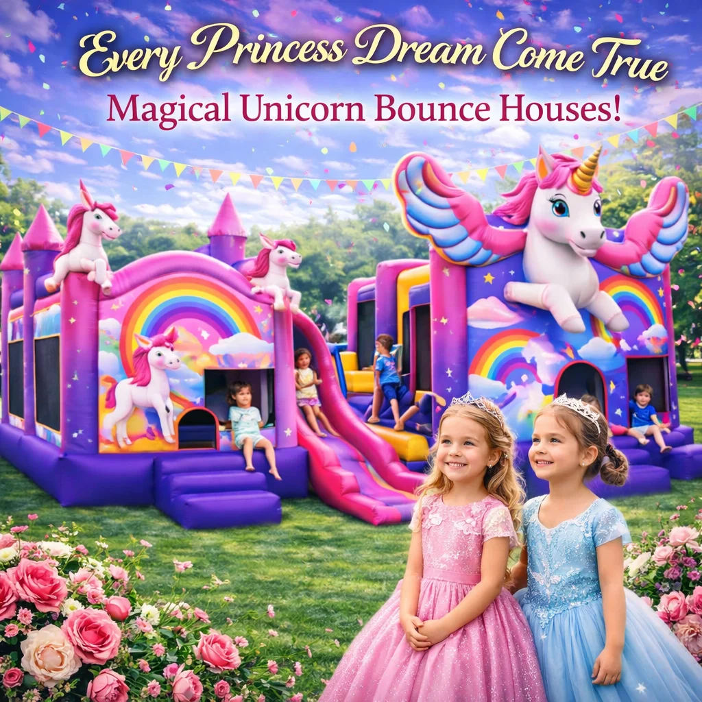 Unicorn themed bounce house with slide for kids birthday parties in Aurora, Illinois